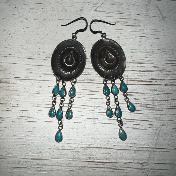 Handmade Sterling Silver & Genuine Turquoise Earrings - Picture 2 of 2